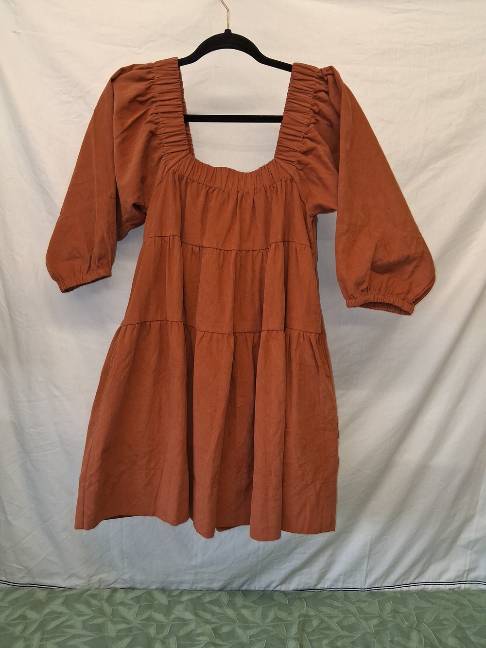 Smocked Square-Neck Tiered Midi Dress in Rust